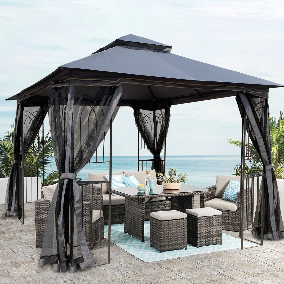 10x10 Outdoor Patio Gazebo Canopy Tent With Ventilated Double Roof And Mosquito Net, Gray Top G6547