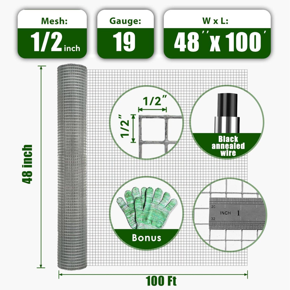 1/2 inch 48 x 100 Ft 19 Gauge Hot Dipped Galvanized Wire Mesh C1625