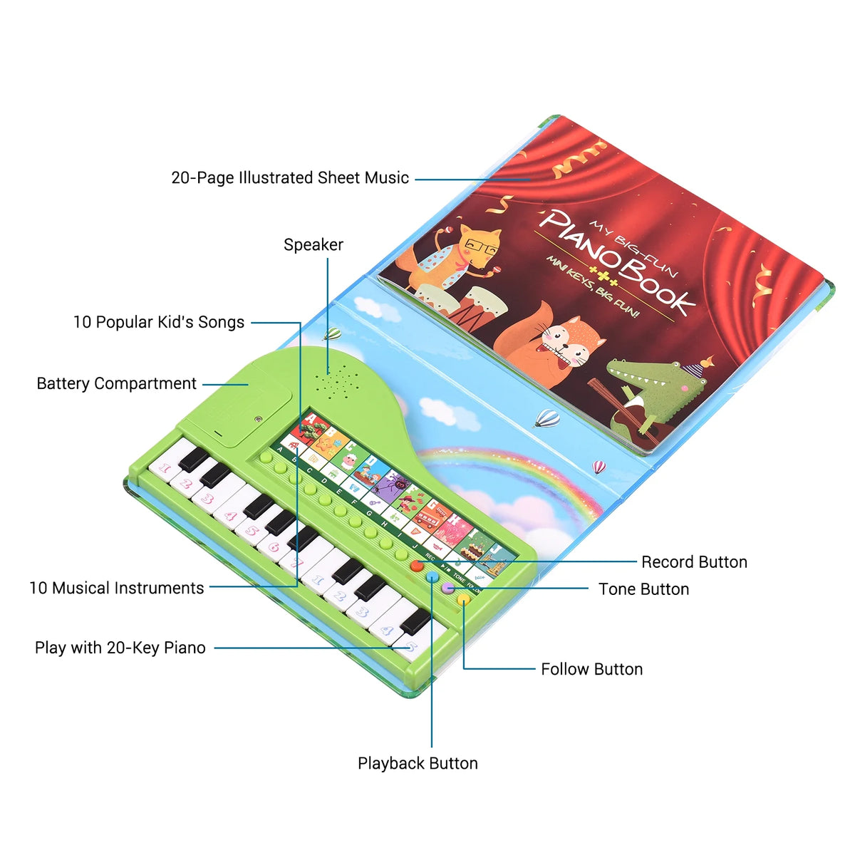 20-Key Electronic Piano Book with Built-In Keyboard, Educational Music Toy for Kids R4510
