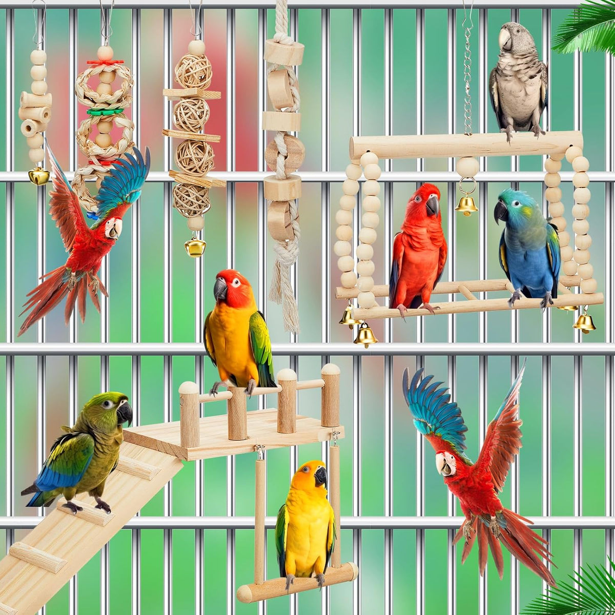 10 Pcs Parrot Swing Toys and Bird Perches Platform with Climbing Ladder Chewing Standing Hanging Parakeet Toys Bird Cage Accessories R164