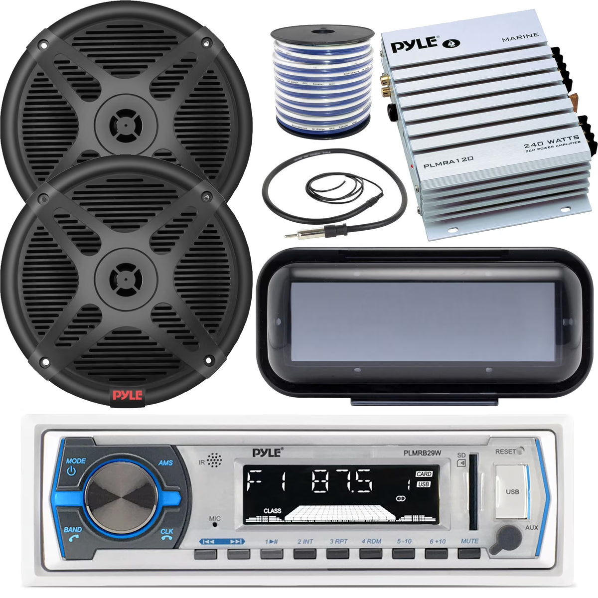 Marine Boat Bluetooth Radio Headunit Receiver with Remote, 2x 6.5'' 600W Black Coaxial Speakers, 2-Channel Waterproof Amplifier Q360