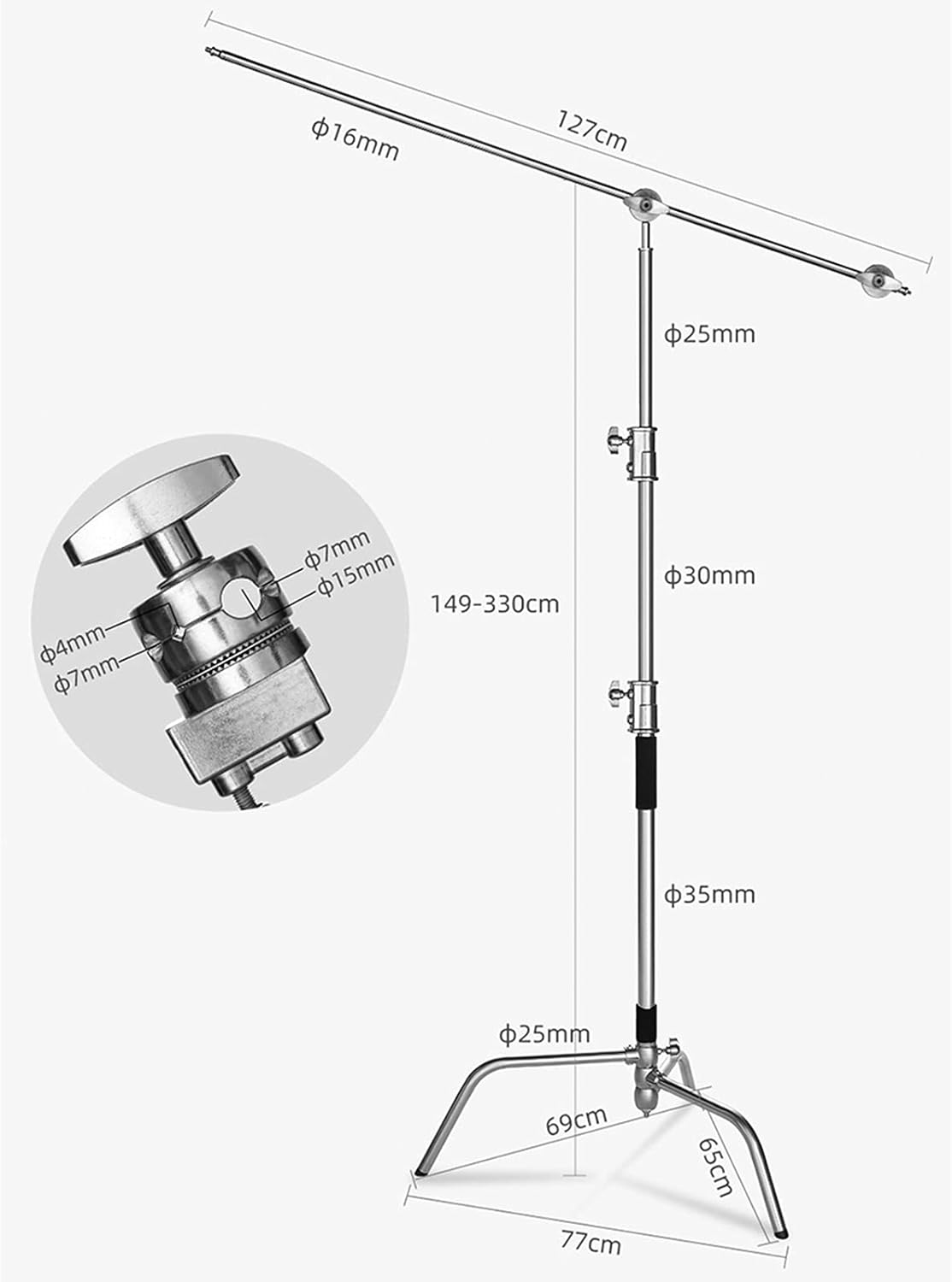 100% Stainless Steel Heavy Duty C Stand with Boom Arm, 2 Grip Head K5228