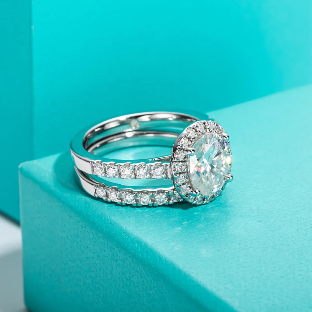 14K White Gold Plated Sterling Silver Moissanite Engagement Ring Bridal Set V3887