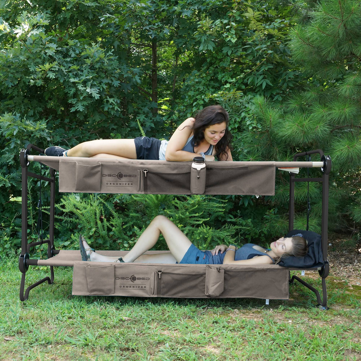 Tan Bunked Double Camping Cot with Organizers J69706
